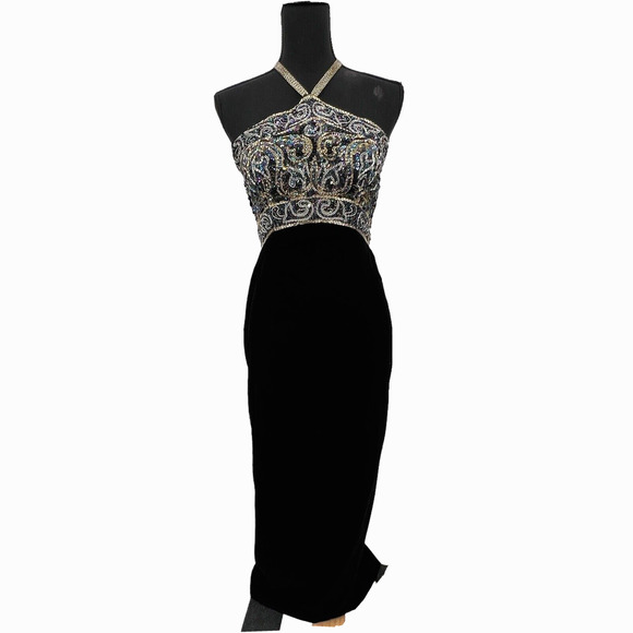 Vintage Sterling Stone Ferris Black Beaded Sequined Velvet‎ Maxi Dress Sz 6 - Picture 1 of 8